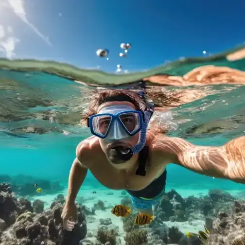A snorkeller swimming above coral in clear shallow water